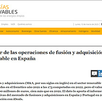 Crece el valor de las operaciones de fusin y adquisicin en el sector renovable en Espaa